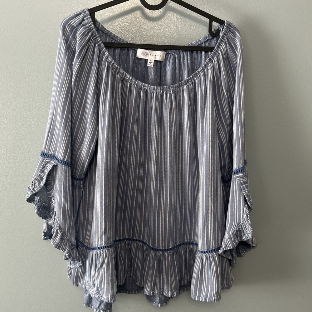 Fever Beige Solid Scoop Neck Ruffle Hem 3/4 Sleeve Pullover Blouse Top Large